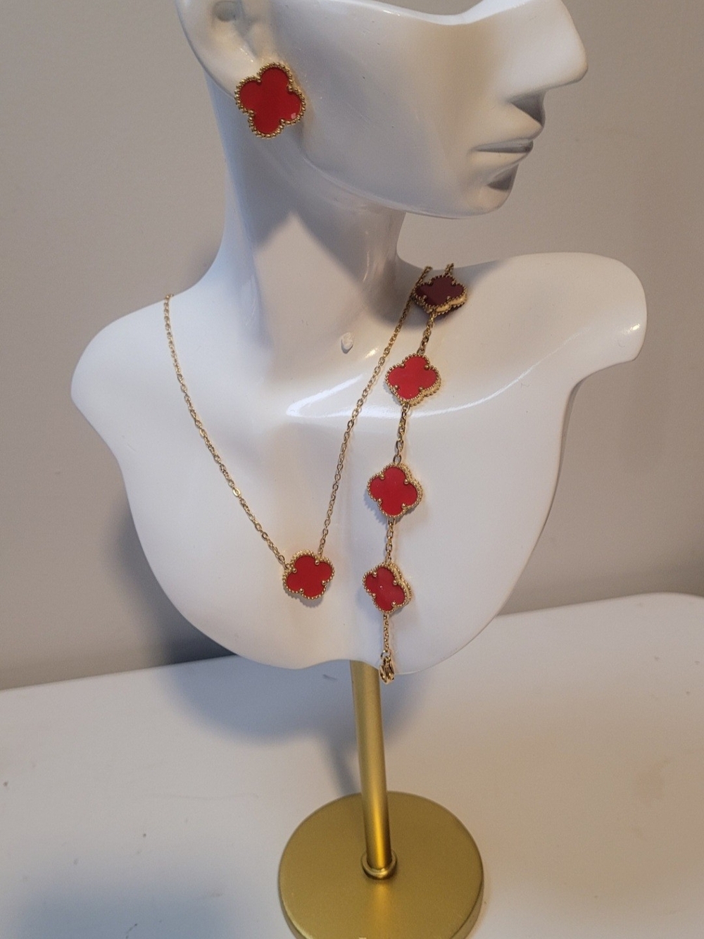 Gold-Tone Red Clover Pendant Necklace, Bracelet & Earrings Trio